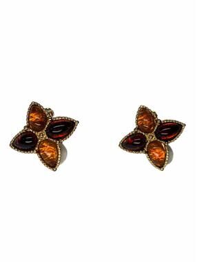 Vintage Gold Tone Floral Gemstone Clip-On Earrings